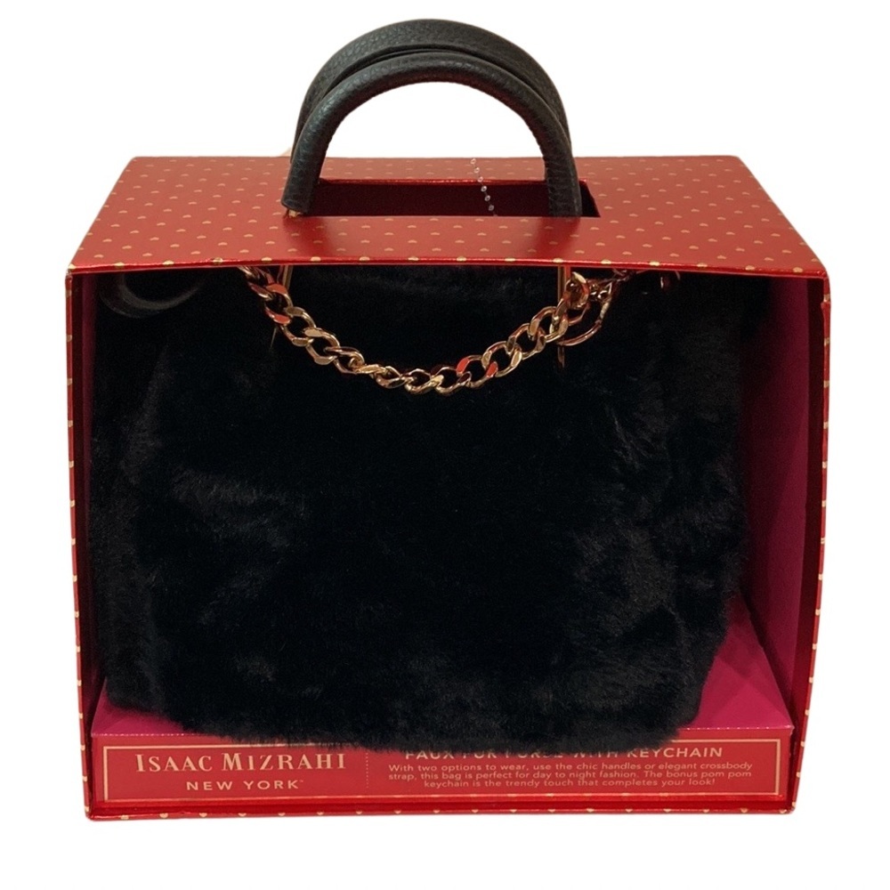 NWT Issac Mizrahi Black Faux Fur Satchel Handbag w/ Keychain